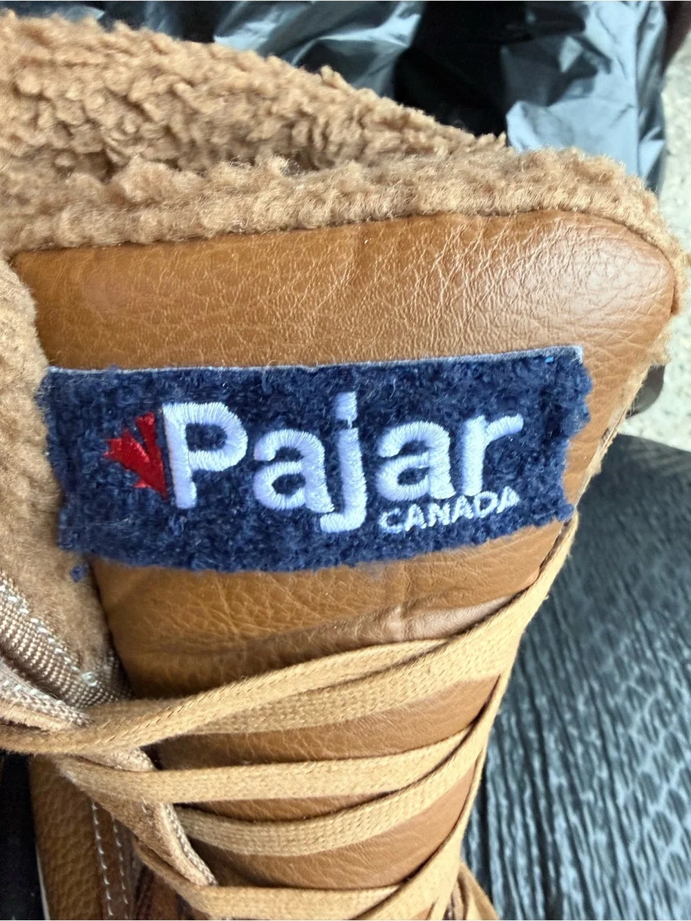 Pajar Men's Tan Leather Lace-Up Boots with Navy Brand Patch and Shearling Collar